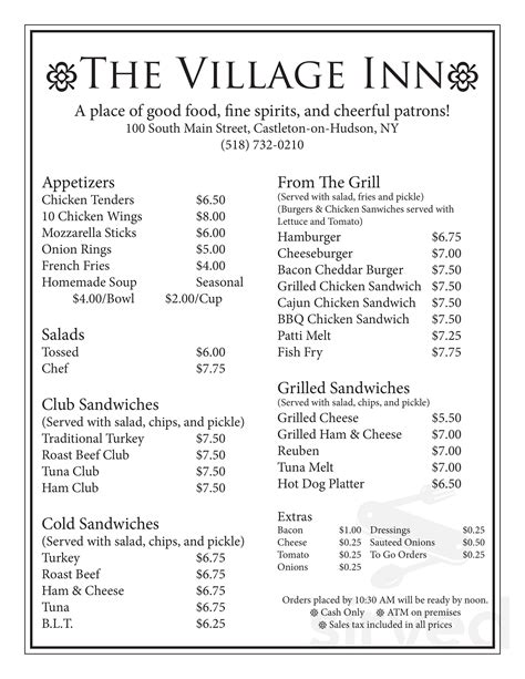 The Village Inn menu .